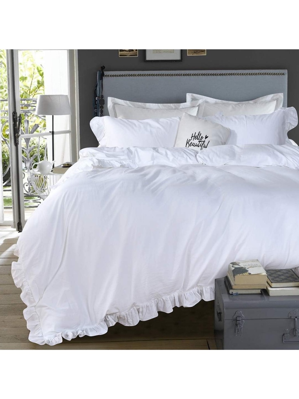 QSH 100% Cotton White Ruffle Duvet Cover~Queen Size